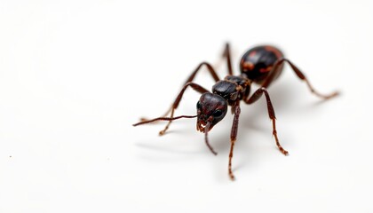 Naklejka premium A close up view of an insect, possibly a beetle, characterized by its red coloration. The insect appears to have six legs and antennae. It is in motion on a white surface.