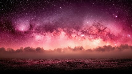 Fototapeta premium A vibrant, colorful panorama of the Milky Way galaxy, with swirling pink and purple nebulae and countless stars, set against a misty, textured foreground.
