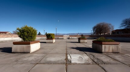 A wide concrete plaza with planters and distant mountains stretches under a clear blue sky