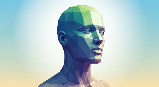 Abstract Low Poly 3D Human Head Model or Bust with Geometric Polygonal Structure and Gradient Colors