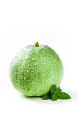 Fresh Green Honeydew Melon with Mint Leaves on White Background