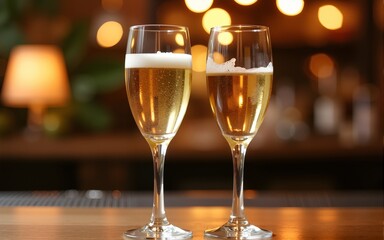 Two glasses of champagne sitting on a table, ideal for parties and celebrations. High quality
