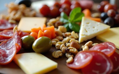 Gourmet Charcuterie and Wine Pairing: A close-up shot of a beautifully arranged charcuterie board with a variety of cheeses, cured meats, olives, nuts, and herbs. High quality