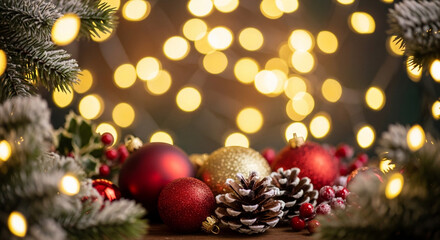 Festive Christmas ornaments and pine cones arranged with twinkling lights and snowy branches perfect for holiday backgrounds