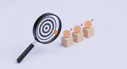 Magnifying glass focusing on a target with arrows isolated on white background