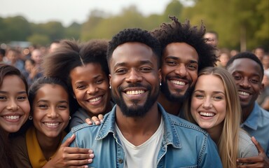 Crowd of happy multiracial people hugging each other outdoor while smiling in front of camera - Multi generational community and diversity concept - Focus on center man face. High quality