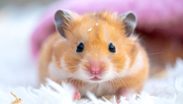Adorable Golden Hamster Portrait on White Furry Surface.