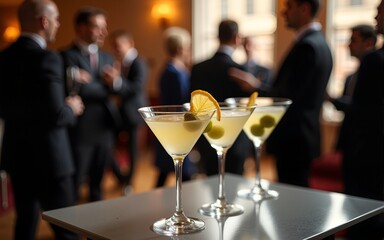 Elegant martini cocktails with olives, lemon twists served at corporate event. Business people in suits network in blurred background. Sophisticated celebration, luxury hospitality, social gathering