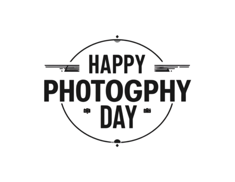 Happy Photography Day Black and White Typography Design with Camera Icons, Minimalist Style background 