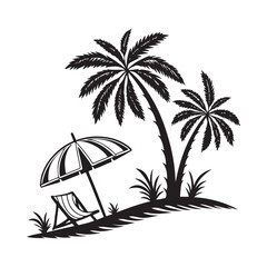 Tropical beach vacation silhouette with palm trees, umbrella, and lounge chair Vector