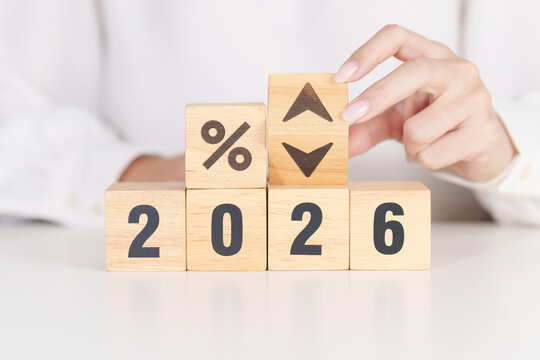 2025 to 2026 New year with percentage change to UP and Down arrow. Interest rate, GDP, stocks market, financial, deflation and Inflation, mortgage, debt, Loan and Economic Recession
