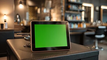 Tablet with green screen in a modern barbershop, ready for customization.
