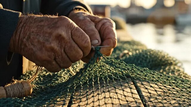 Elderly hands mending fishing net by the water