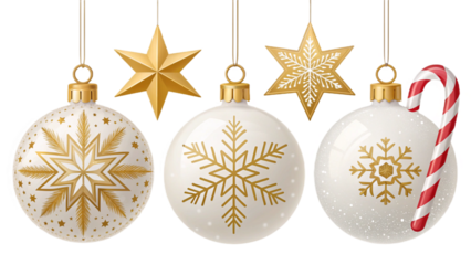 "Realistic Christmas ornaments vector set — glossy baubles, golden stars, snowflakes, candy cane, shiny highlights, editable layered SVG, transparent background"