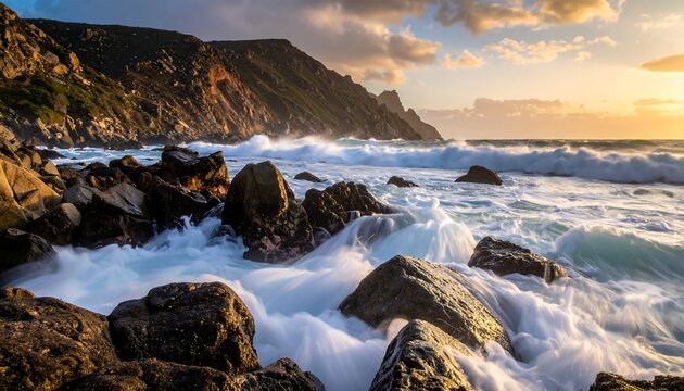 Coastal scene with crashing waves, rocks, and mountain cliffs at sunset