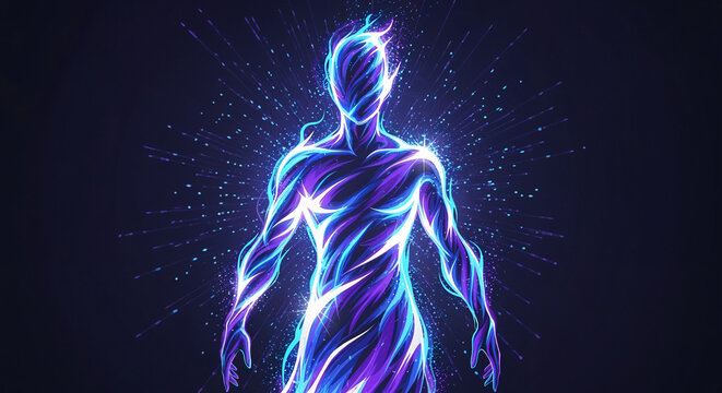 Abstract Neon Glowing Energy Human Figure in Digital Swirls - Futuristic Technology Concept - Powered by Adobe