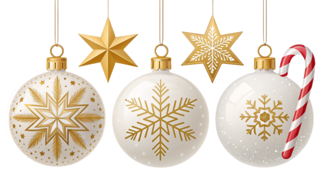 "Realistic Christmas ornaments vector set — glossy baubles, golden stars, snowflakes, candy cane, shiny highlights, editable layered SVG, transparent background"