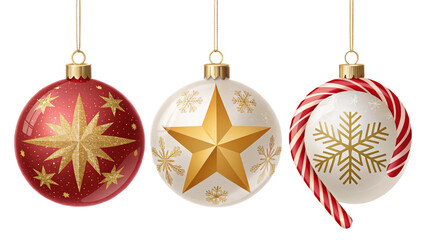 "Realistic Christmas ornaments vector set — glossy baubles, golden stars, snowflakes, candy cane, shiny highlights, editable layered SVG, transparent background"