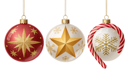 "Realistic Christmas ornaments vector set — glossy baubles, golden stars, snowflakes, candy cane, shiny highlights, editable layered SVG, transparent background"