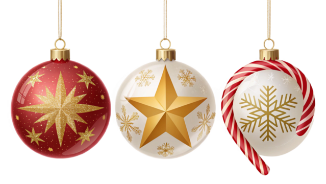 "Realistic Christmas ornaments vector set — glossy baubles, golden stars, snowflakes, candy cane, shiny highlights, editable layered SVG, transparent background"