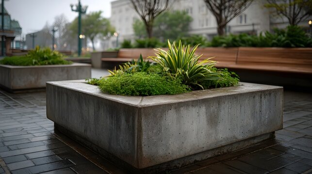 An urban park setting features a concrete planter filled with lush greenery on a wet paved walkway under an overcast sky