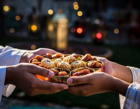 Eid sweets and dates exchange with warm festive lantern lighting