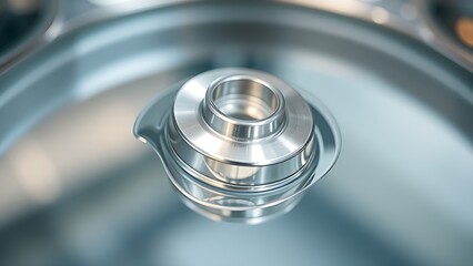 electroplating. Polished metal component partially submerged in electroplating solution, silver reflection. safety posters.