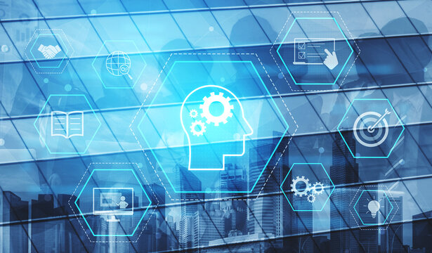 Head with gear and icons representing learning, digital training, and development process, showing skill growth for human or AI systems through knowledge or task optimization Vouch