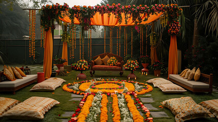 Garden Themed Haldi Setup with Beautiful flowers