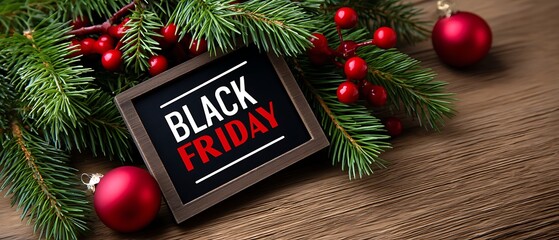 Black Friday Sale Announcement on Rustic Wooden Background with Christmas Decor