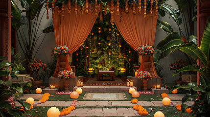 Beautiful Haldi ceremony stage decorated with fresh banana leaves and traditional elements, ideal for wedding themes and festive cultural inspiration.
