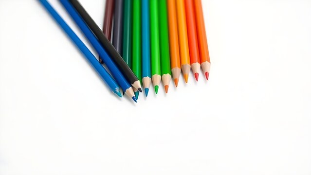 graphite. Colored pencils arranged in rainbow order on a white desk, geometric and precise. tutorial guides, club newsletters, designed for tourism and weekend activity guides.