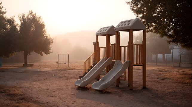 An empty playground with dual slides and a swing set shrouded in morning mist and soft sunlight
