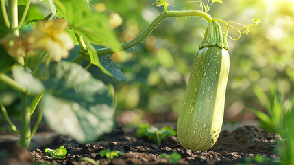 Close-up of a healthy zucchini plant featuring one large ripe zucchini, ideal for gardening, farming, produce, and vegetable growth searches.
