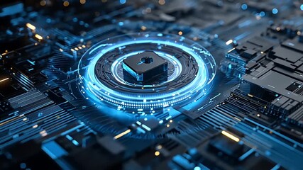 Abstract close-up of a futuristic circuit board with glowing blue elements and intricate details