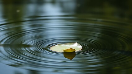 lily. A single water lily leaf floating on a calm pond with gentle ripples. gardening catalogs, home-decor guides, designed for home decor and floral branding, used by presentation designers.