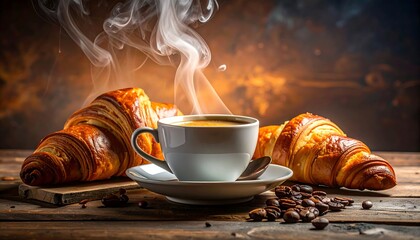 Steaming white cup of coffee on a saucer sits between two flaky pastries on a wooden surface, with coffee beans scattered