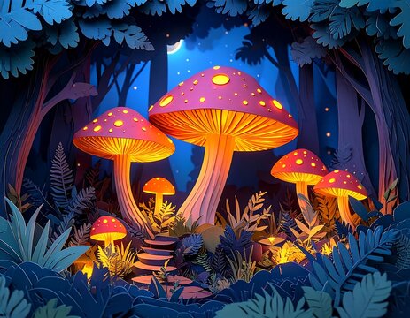 Enchanted forest with giant glowing mushrooms and starry night