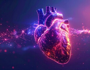 Digitally rendered human heart illustration with glowing network