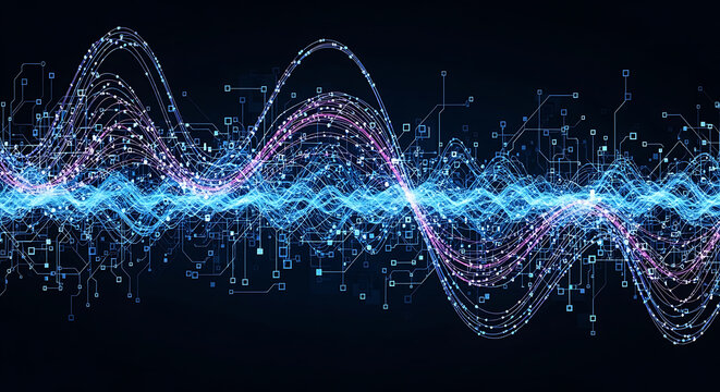 Abstract blue and pink wavy lines with digital circuit patterns wave