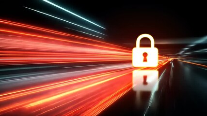 Dynamic digital illustration of a padlock symbolizing security amidst vibrant light trails in motion - Powered by Adobe