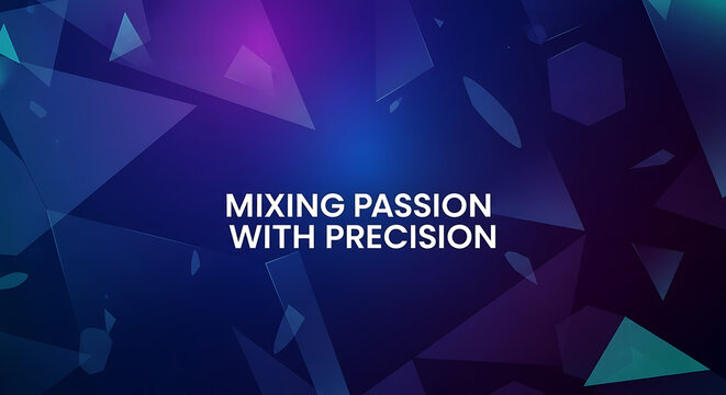 Abstract geometric shapes in blue and purple with white text background