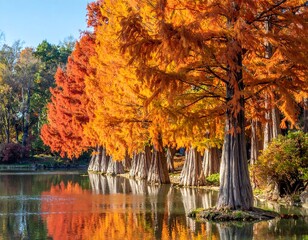 Stunning photo of autumn trees with vibrant orange foliage reflected in calm lake water. Sunny, clear day, picturesque