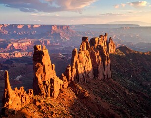 Expansive vista of striking sandstone formations at sunrise