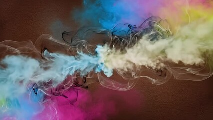 Vibrant plumes of colorful smoke or ink unfurl and merge across a textured brown background. Hues of blue, pink, and yellow blend dynamically with intricate white and black wisps, creating an abstract - Powered by Adobe