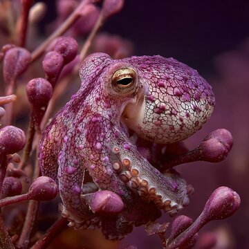 Vivid purple octopus nestled among textured coral-like branches.