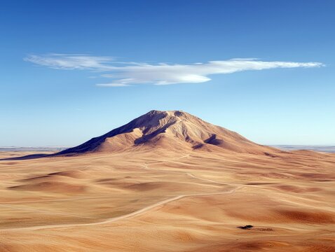 A solitary, rounded mountain rises from a vast, undulating desert landscape. A faint dirt track winds through the barren terrain, leading towards the mountain.