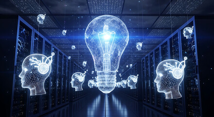 Wireframe lightbulb and heads floating in a server room with blue light technology artificial