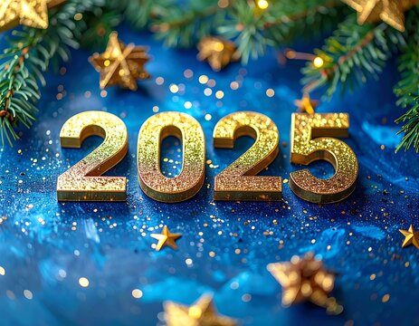 Golden 2025 numbers amidst sparkling decorations on blue background - Powered by Adobe