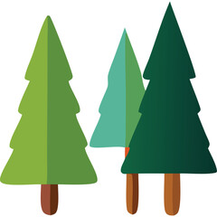 Stylized Evergreen Trees in Varying Shades of Green and Teal With Brown Trunks Against a Clean White Background